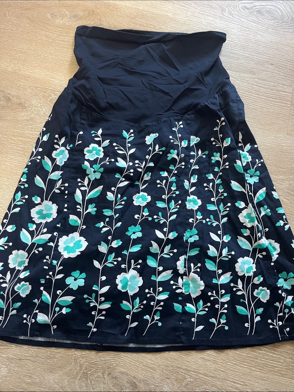 Motherhood Maternity Black A-Line Skirt with Teal and White Floral Print